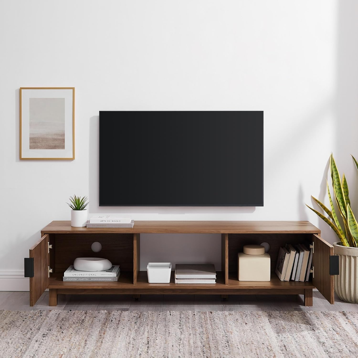 Walton Modern Fluted-Door Low TV Stand for Tvs up to 65 Inches, 58 Peach Maple