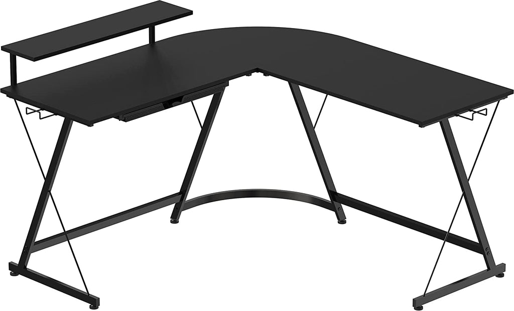 Vista L-Shape Desk with Monitor Stand, Black Peach Maple