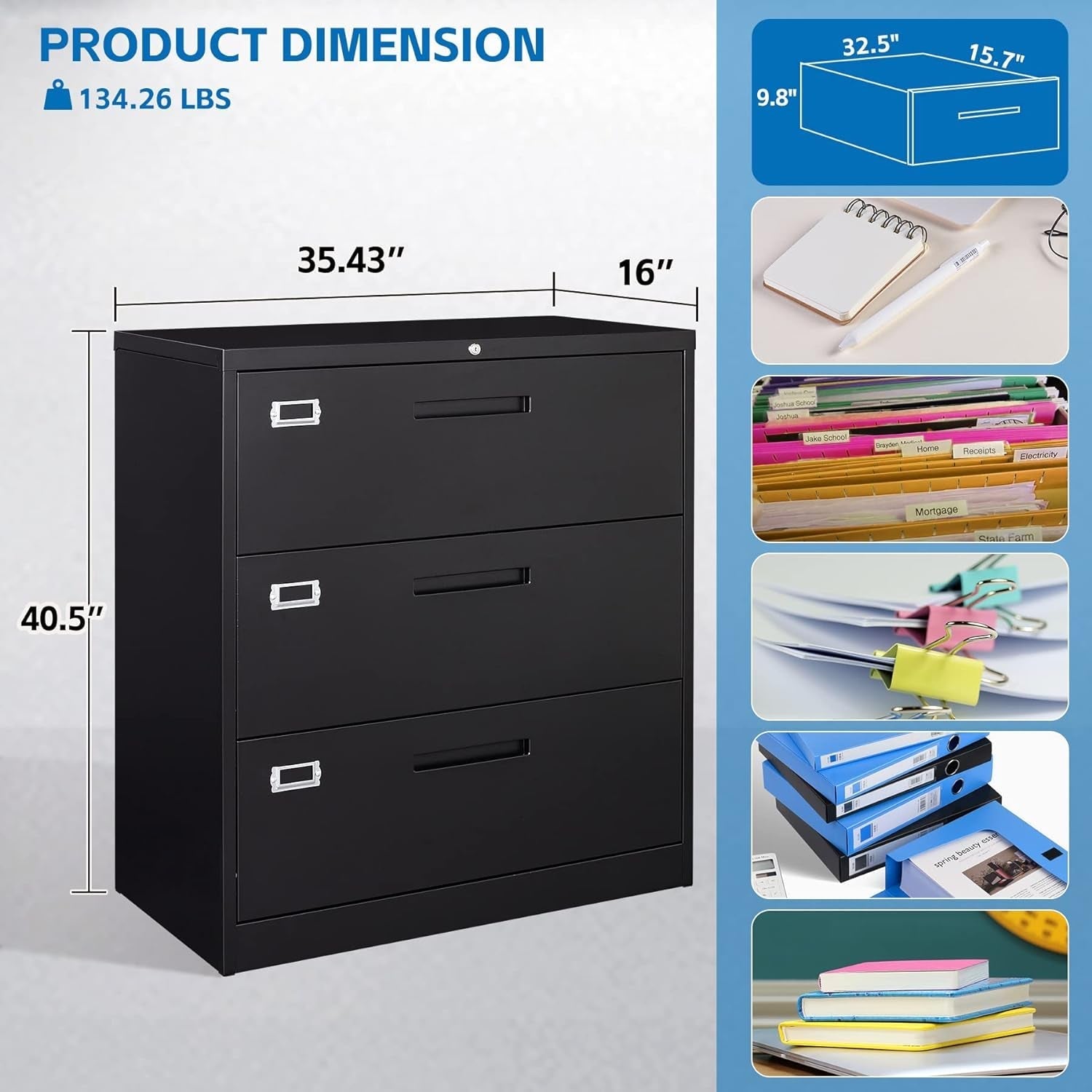 Lateral File Cabinet with Lock,Metal Filing Cabinet with 3 Peach Maple