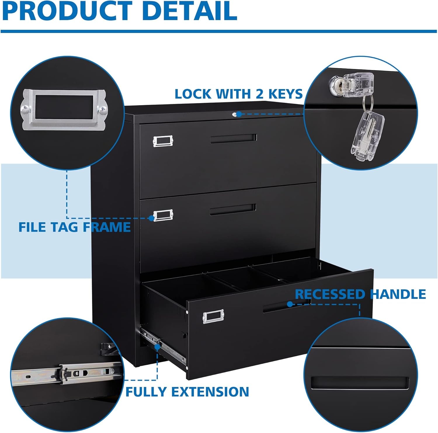 Lateral File Cabinet with Lock,Metal Filing Cabinet with 3 Peach Maple