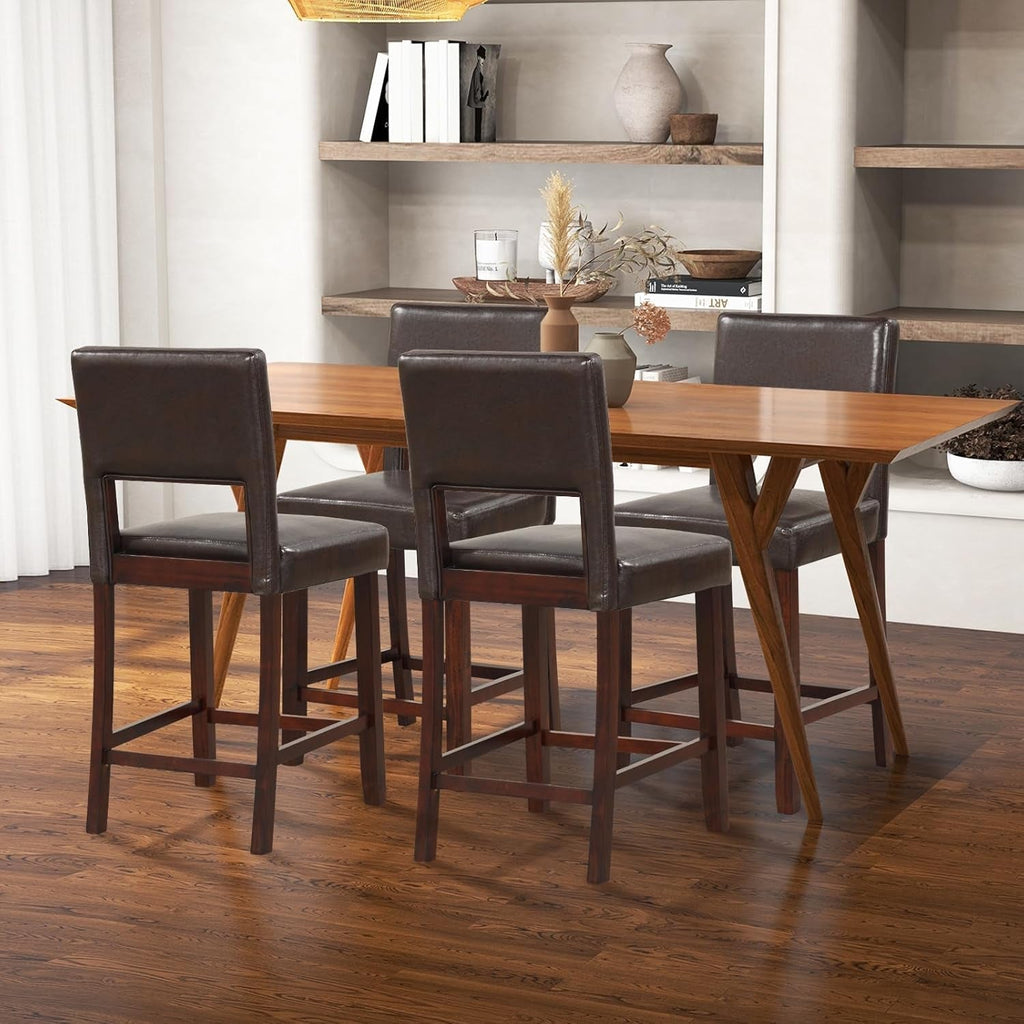 24.5" Counter Height Bar Stools Set of 2, PVC Leather Barstools with Peach Maple