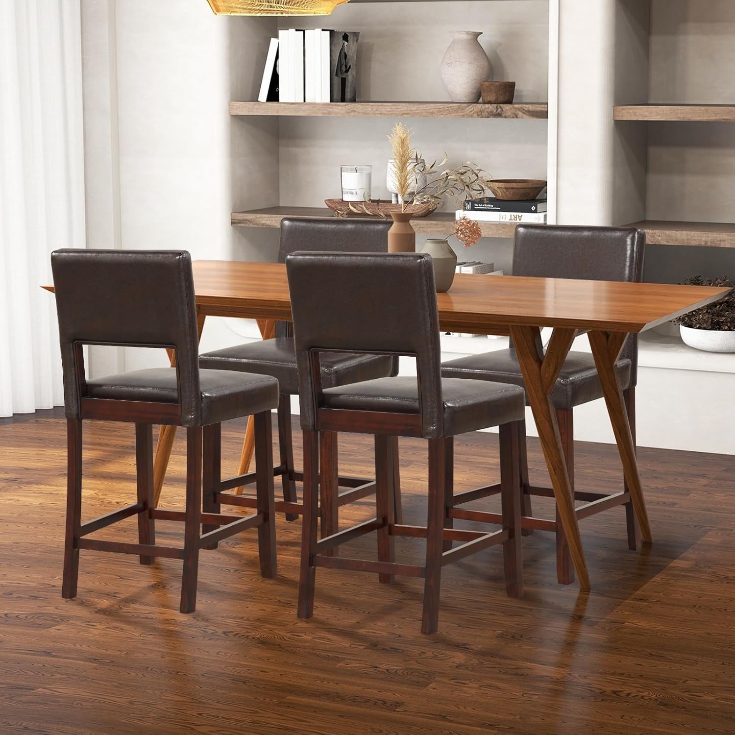 24.5" Counter Height Bar Stools Set of 2, PVC Leather Barstools with Peach Maple