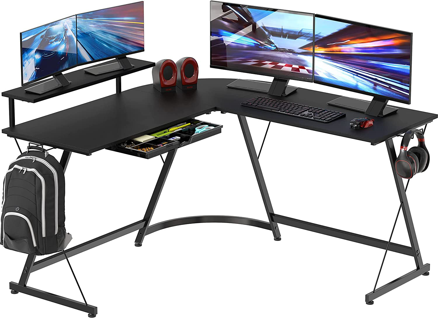 Vista L-Shape Desk with Monitor Stand, Black Peach Maple