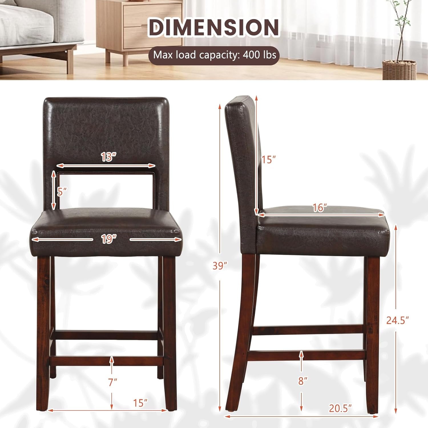 24.5" Counter Height Bar Stools Set of 2, PVC Leather Barstools with Peach Maple