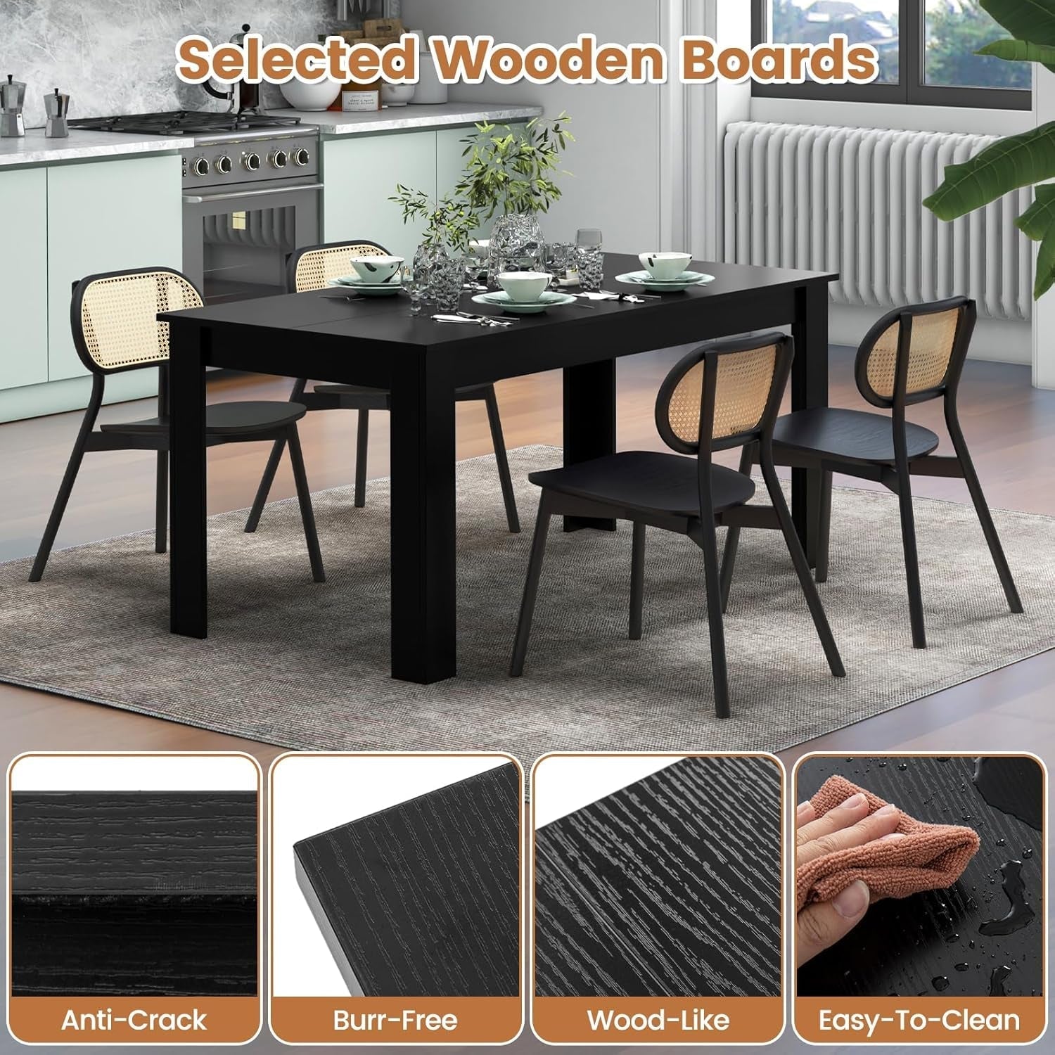 Wood Dining Table for 4-6 People, 63" Wood Rectangle Dinner Table, Peach Maple