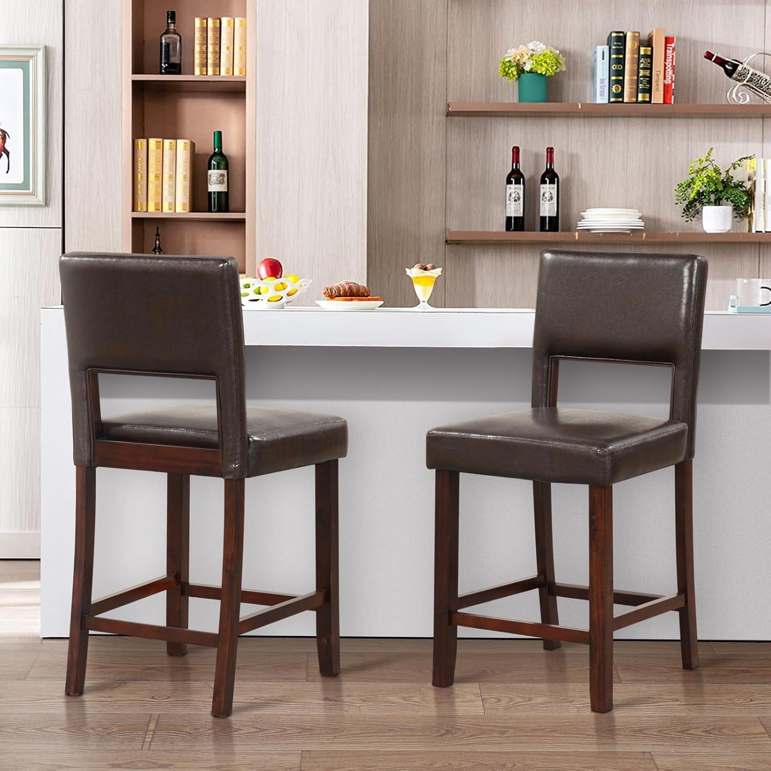 24.5" Counter Height Bar Stools Set of 2, PVC Leather Barstools with Peach Maple
