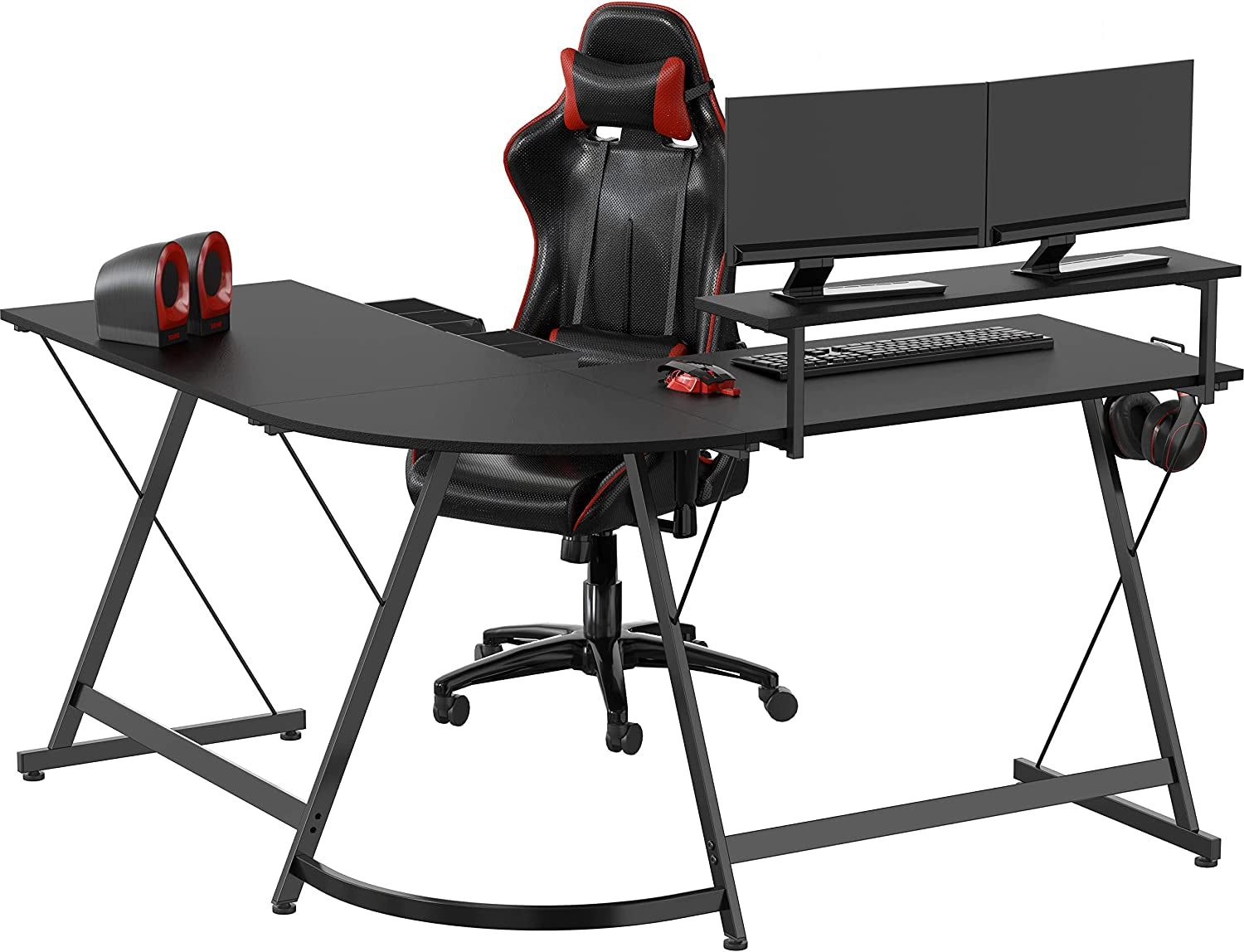 Vista L-Shape Desk with Monitor Stand, Black Peach Maple