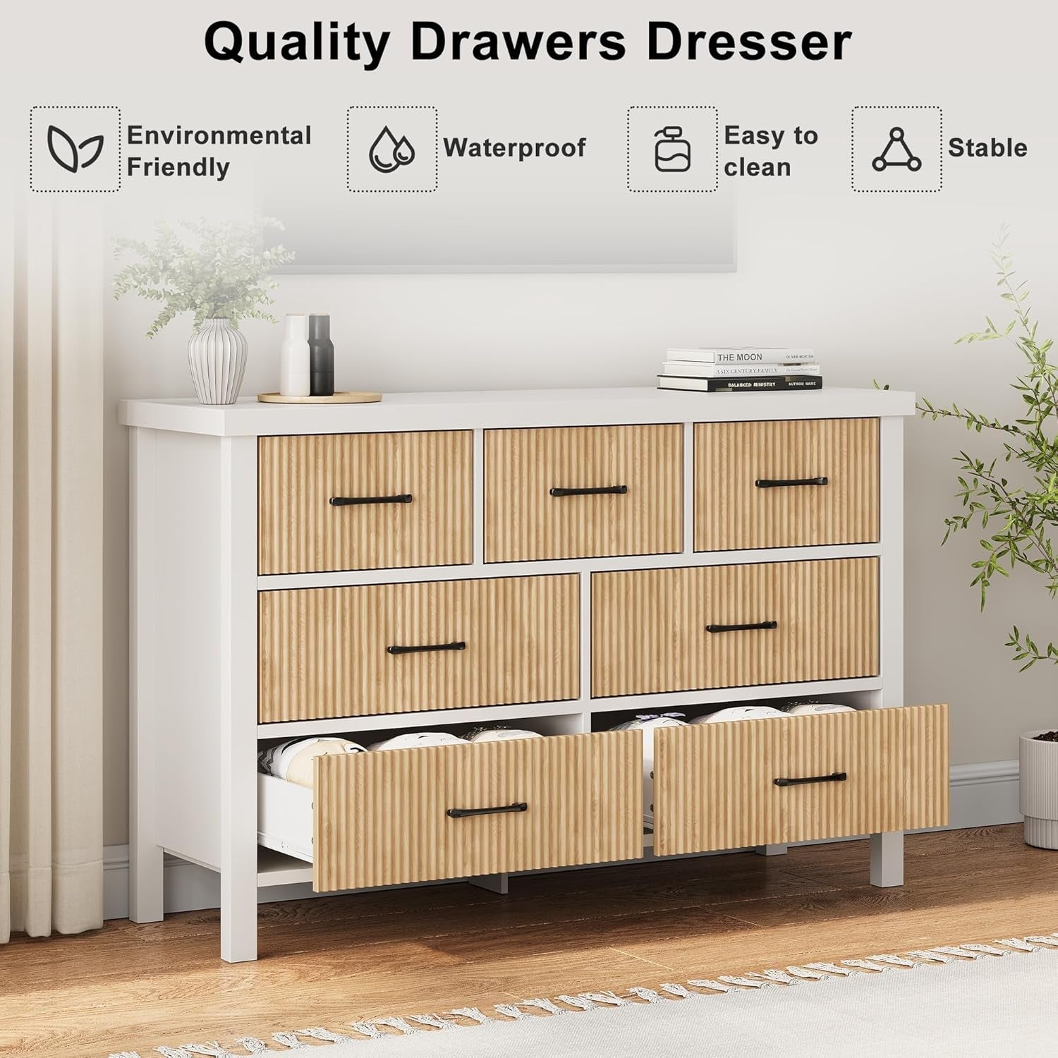 White 7 Drawer Fluted Dresser with Wood Legs Peach Maple