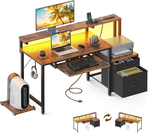 48" Computer Desk with Fabric File Cabinet and Drawer, Reversible Peach Maple