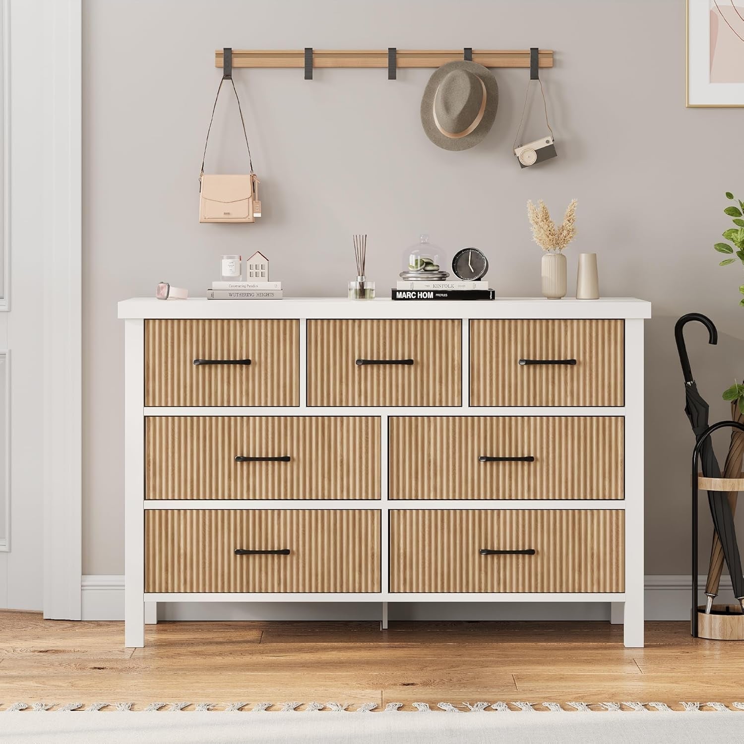 White 7 Drawer Fluted Dresser with Wood Legs Peach Maple