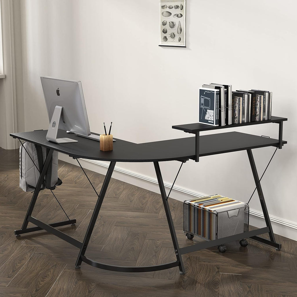 Vista L-Shape Desk with Monitor Stand, Black Peach Maple