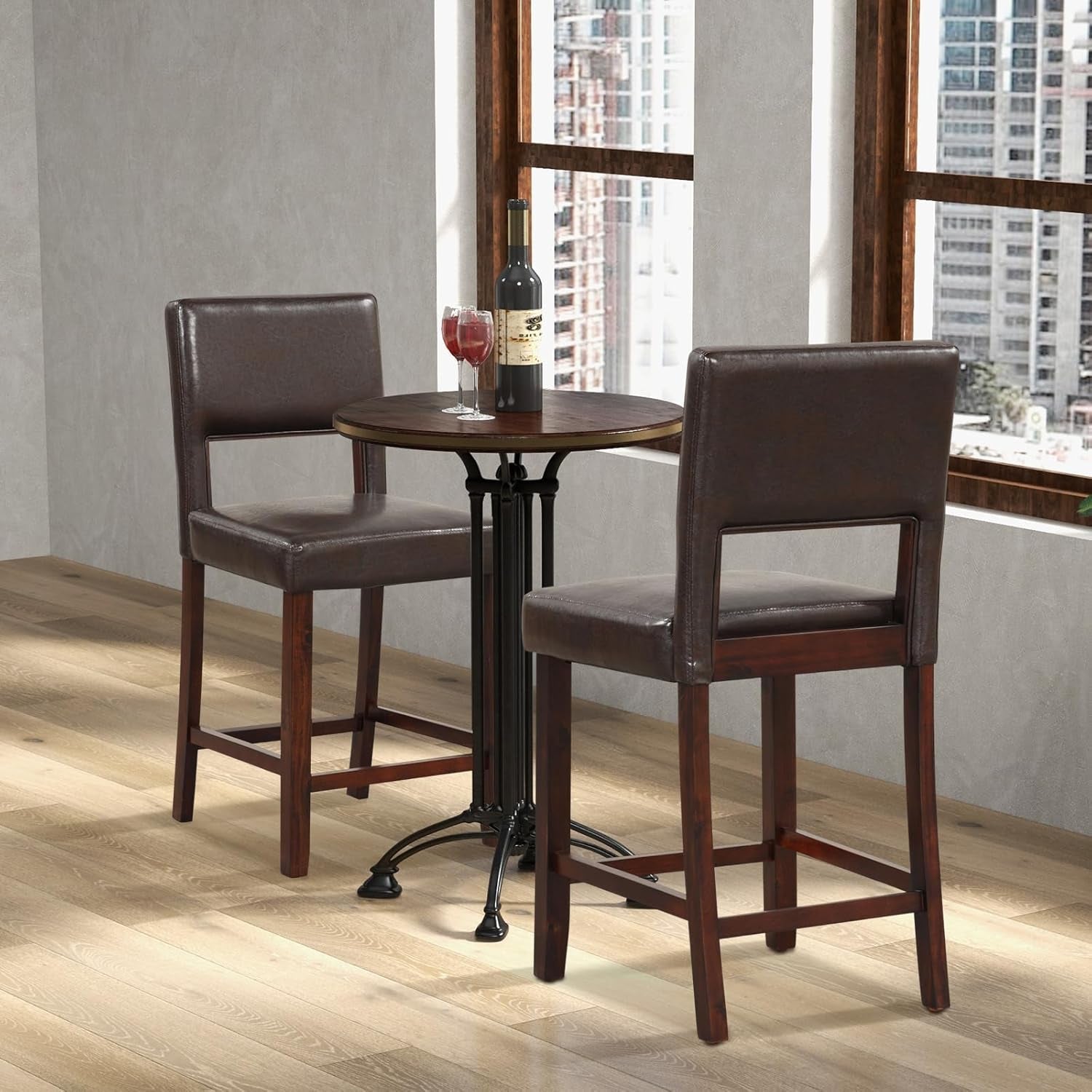 24.5" Counter Height Bar Stools Set of 2, PVC Leather Barstools with Peach Maple