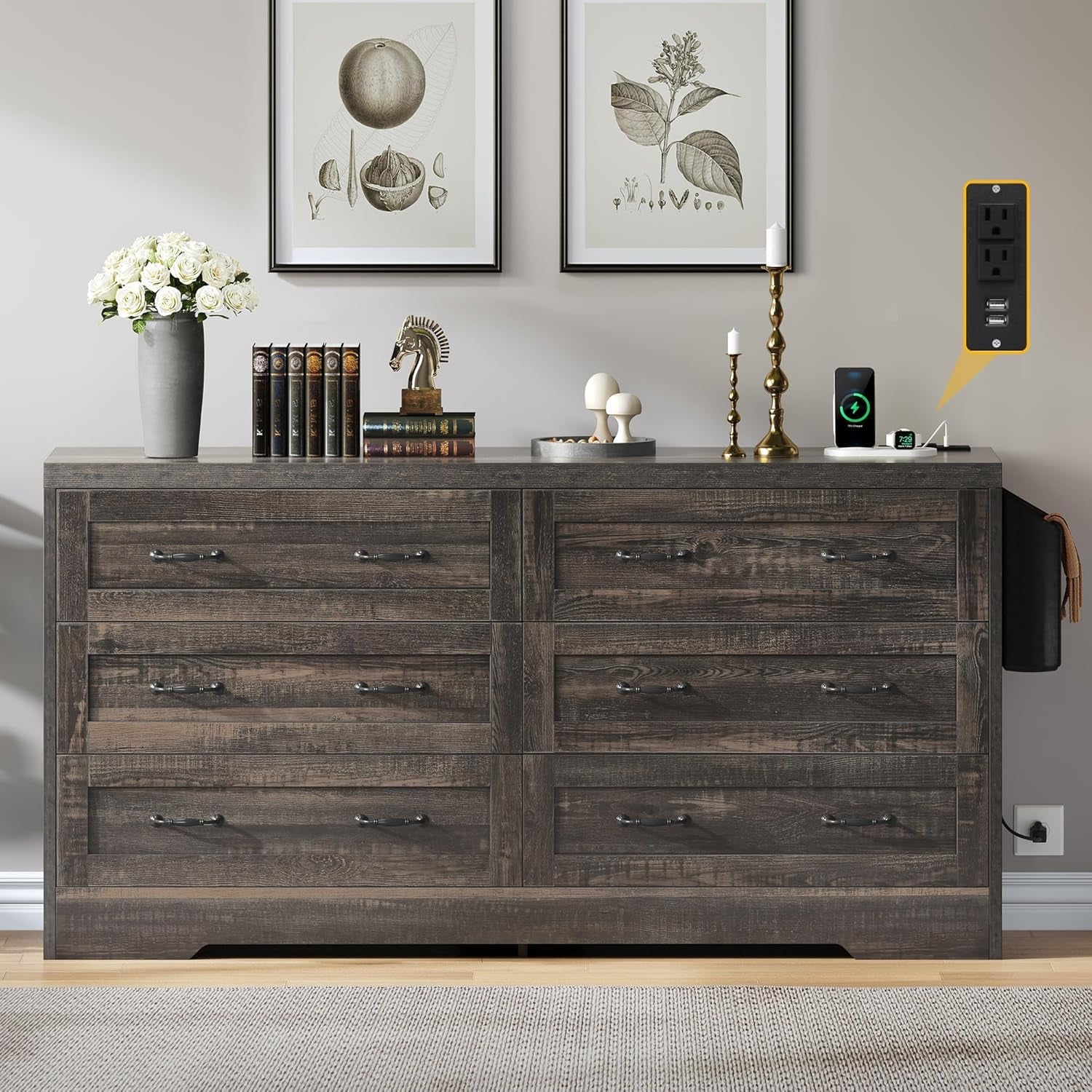 Rustic Oak Drawers TV Stand for 65 Inches with Power Outlets -Chest of Peach Maple