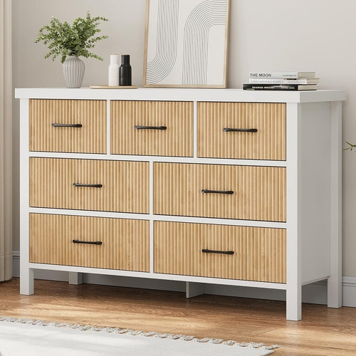 White 7 Drawer Fluted Dresser with Wood Legs Peach Maple