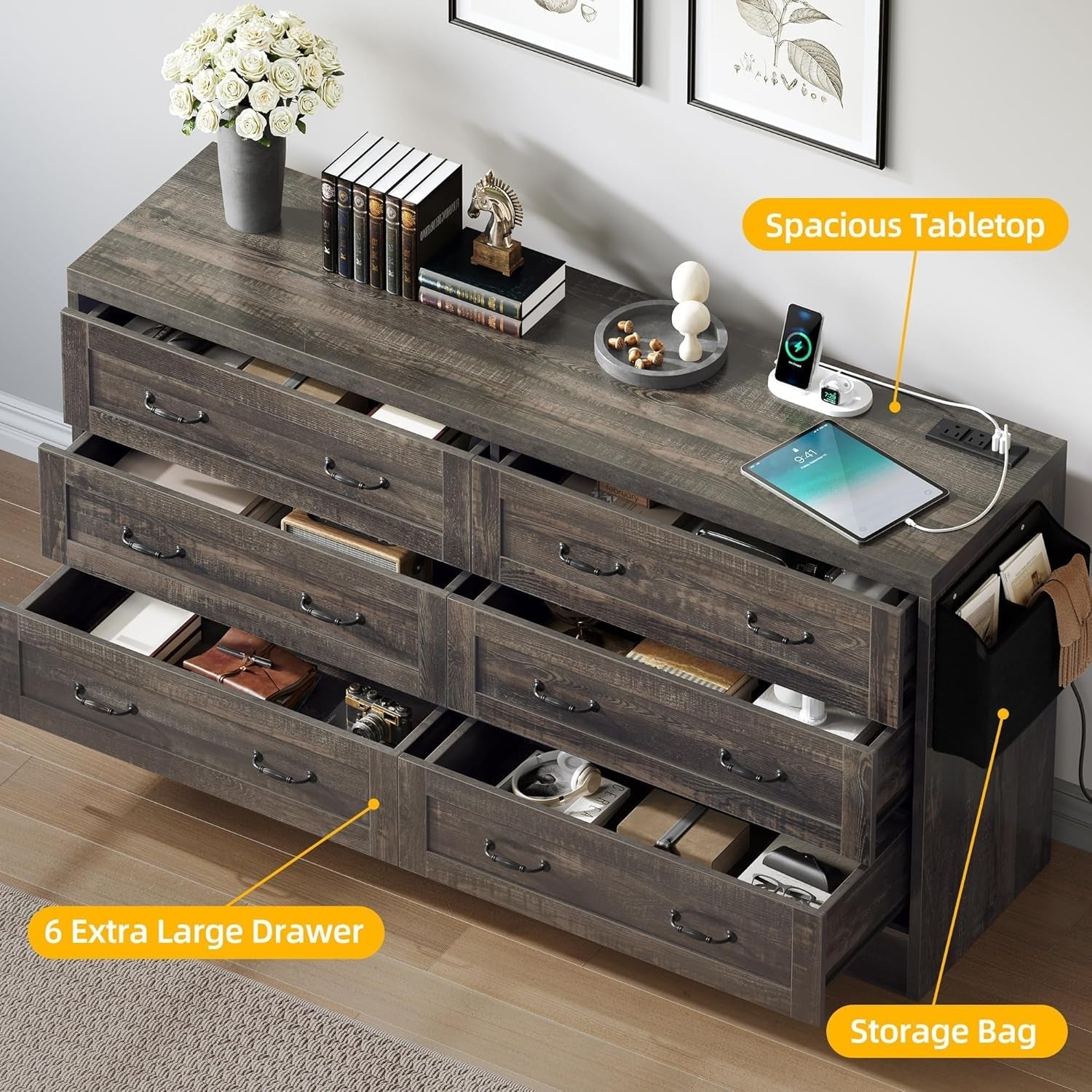 Rustic Oak Drawers TV Stand for 65 Inches with Power Outlets -Chest of Peach Maple
