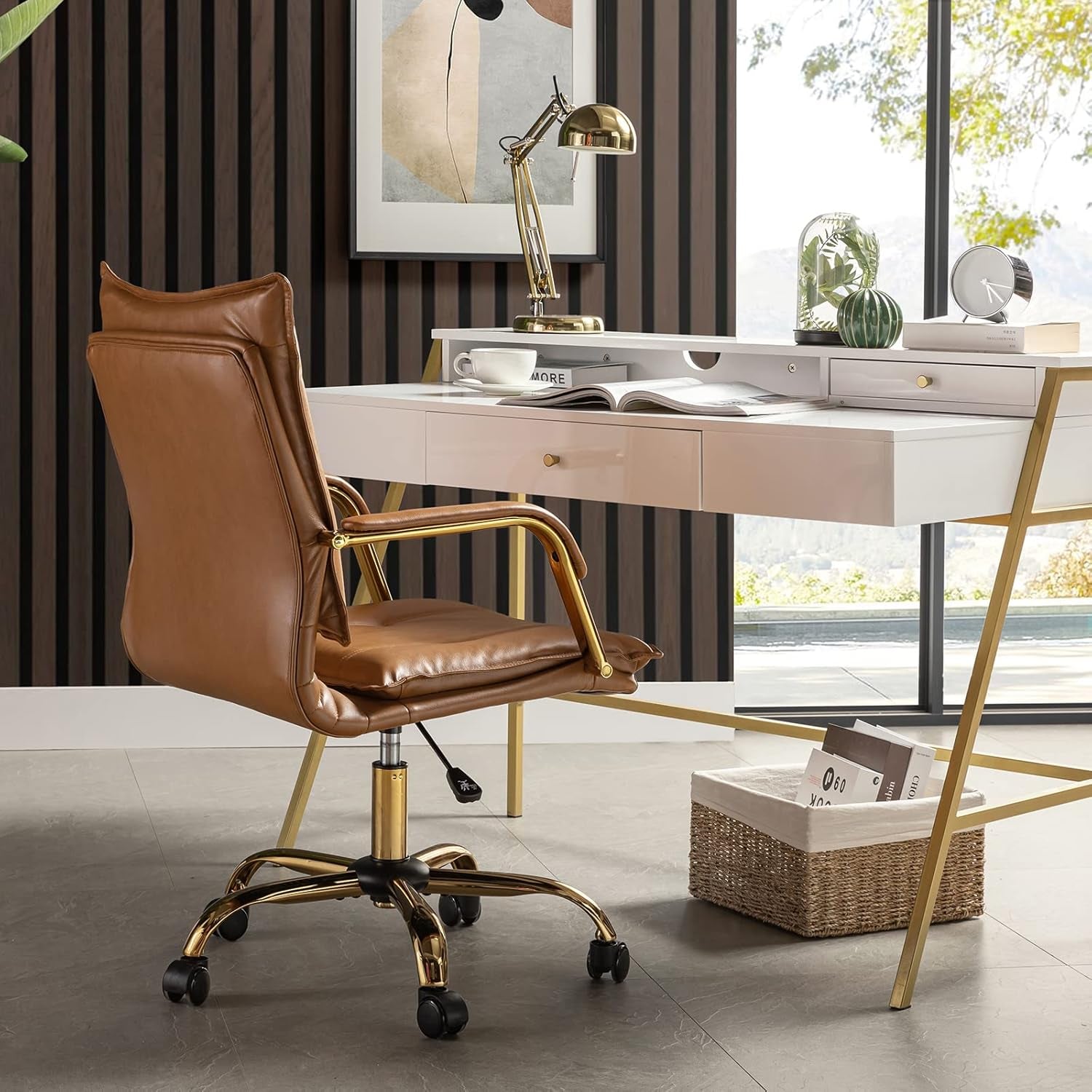 Faux Leather Home Office Desk Chair, Adjustable Swivel Computer Chair Peach Maple