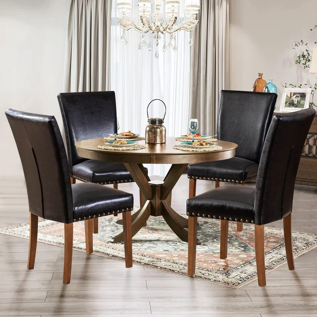 Parsons Dining Chairs Set of 4, Upholstered Nailhead PU Leather Dining Peach Maple