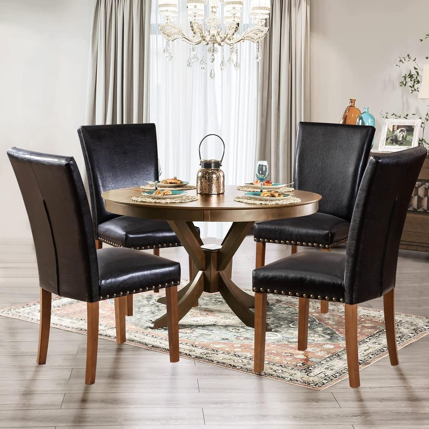Parsons Dining Chairs Set of 4, Upholstered Nailhead PU Leather Dining Peach Maple