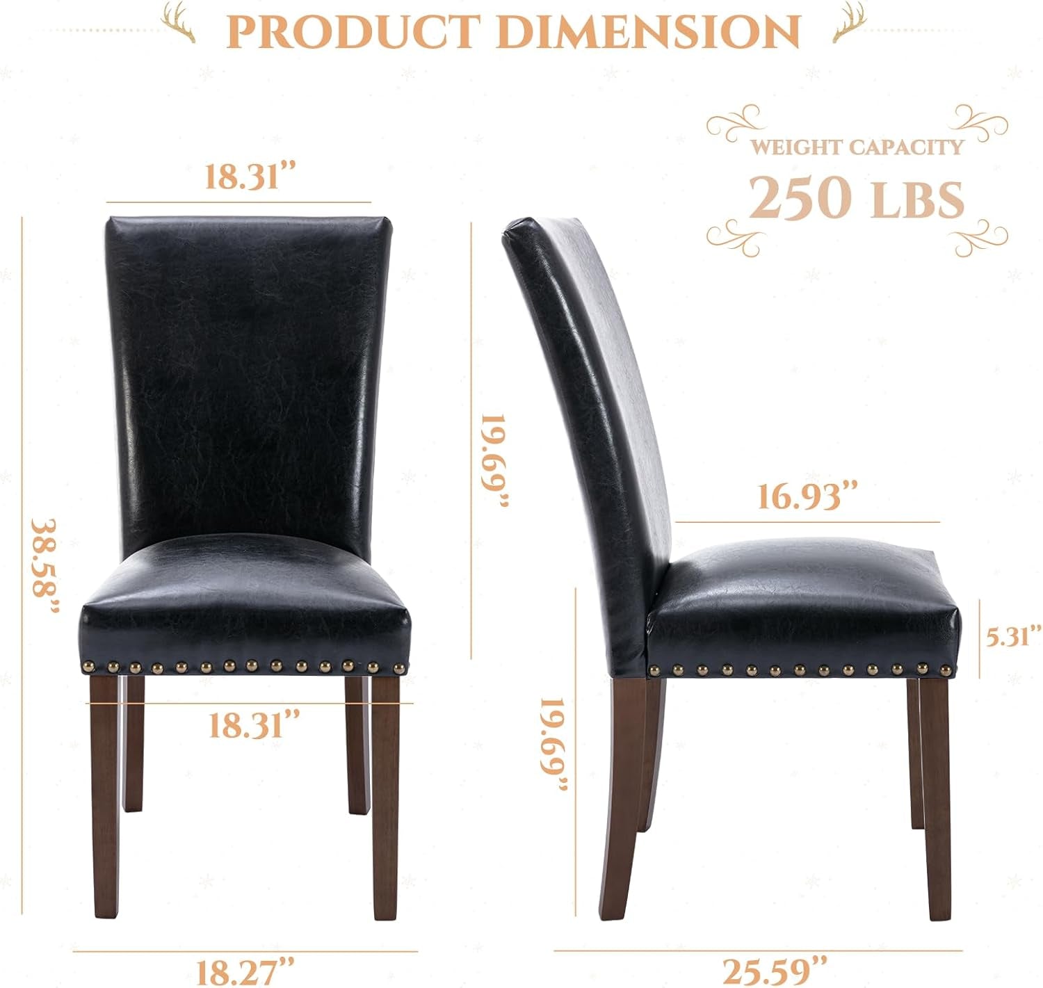 Parsons Dining Chairs Set of 4, Upholstered Nailhead PU Leather Dining Peach Maple