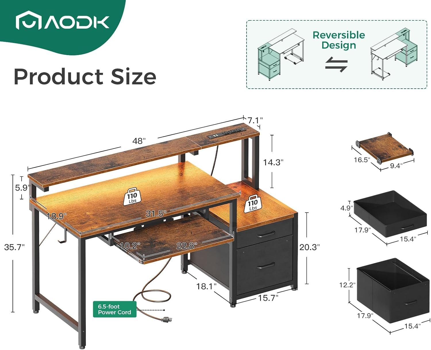 48" Computer Desk with Fabric File Cabinet and Drawer, Reversible Peach Maple