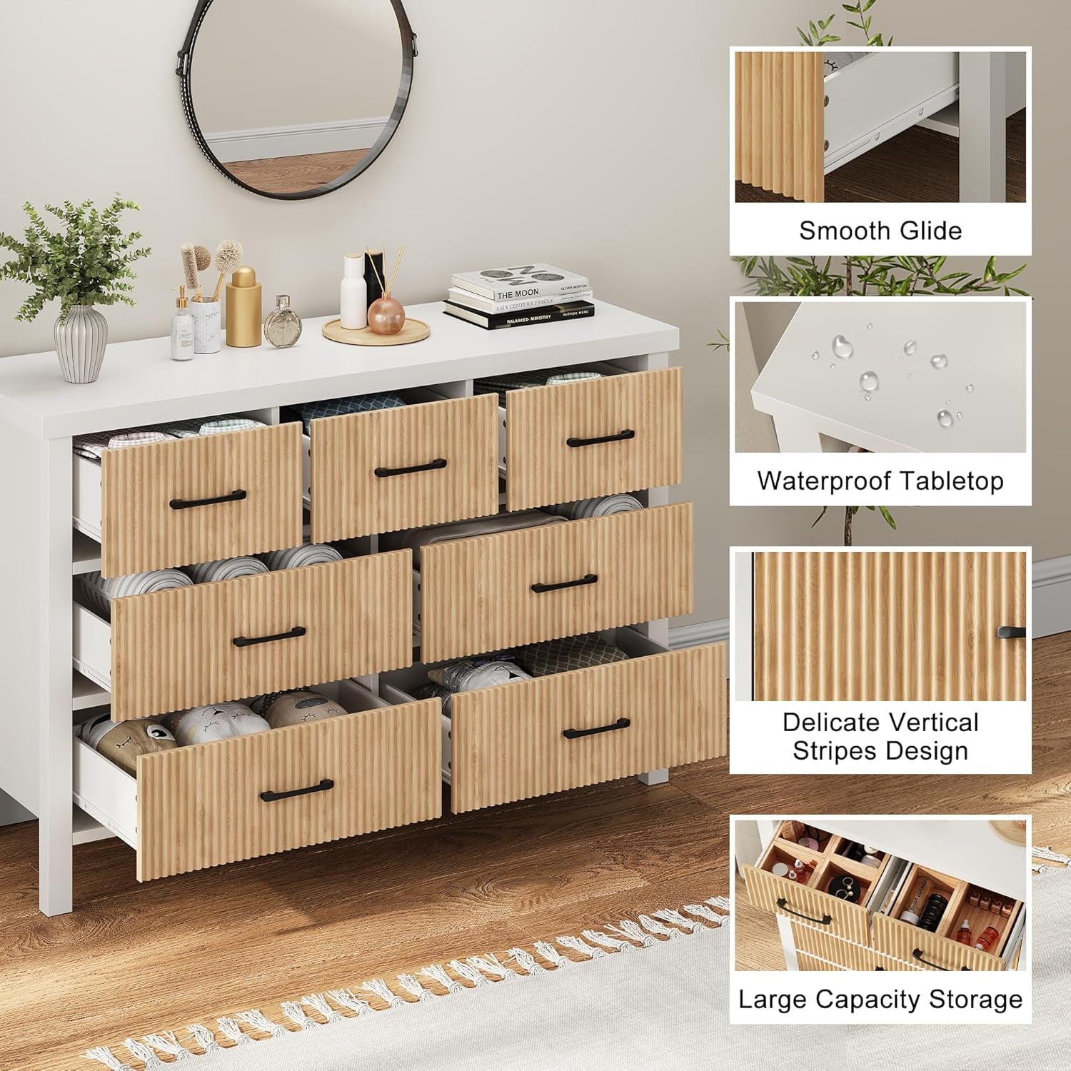 White 7 Drawer Fluted Dresser with Wood Legs Peach Maple