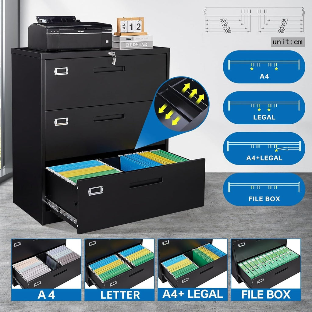 Lateral File Cabinet with Lock,Metal Filing Cabinet with 3 Peach Maple