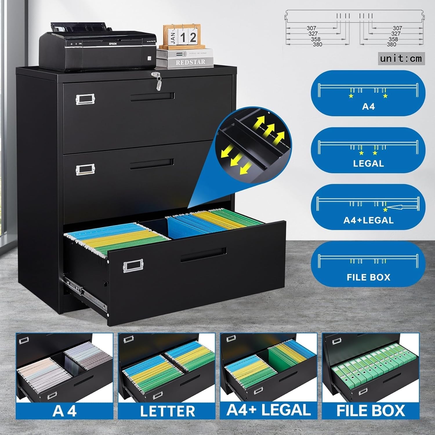 Lateral File Cabinet with Lock,Metal Filing Cabinet with 3 Peach Maple