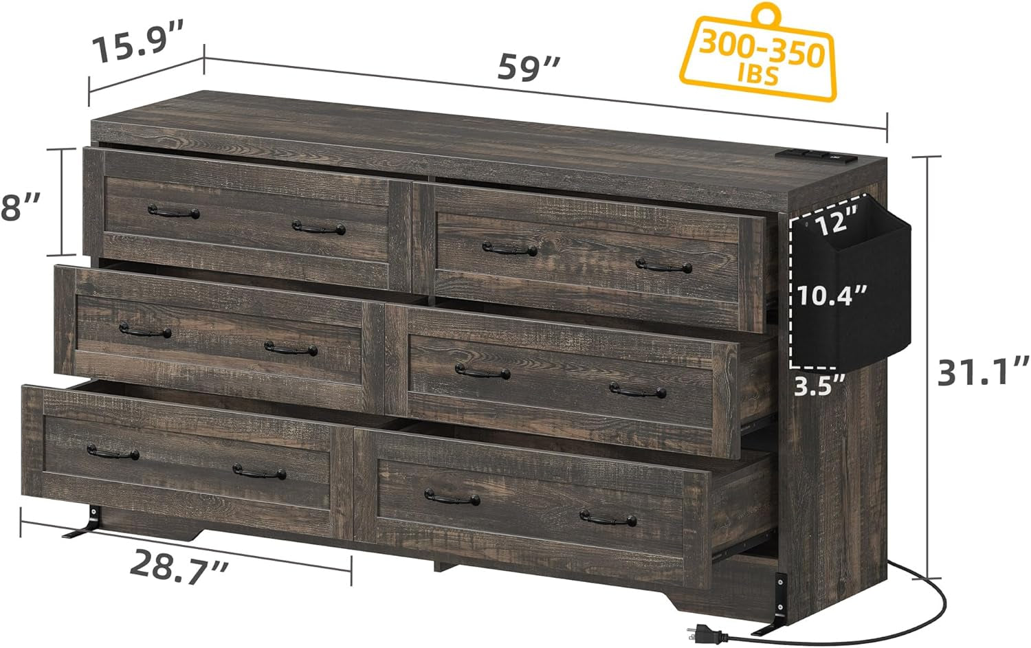 Rustic Oak Drawers TV Stand for 65 Inches with Power Outlets -Chest of Peach Maple