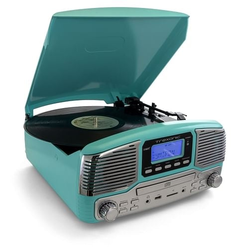 Trexonic Retro Wireless Bluetooth, Record and CD Player in Turquoise Yellow Crius