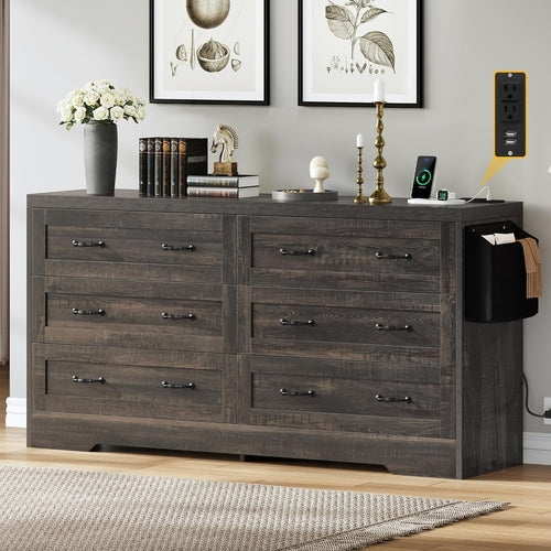 Rustic Oak Drawers TV Stand for 65 Inches with Power Outlets -Chest of Peach Maple