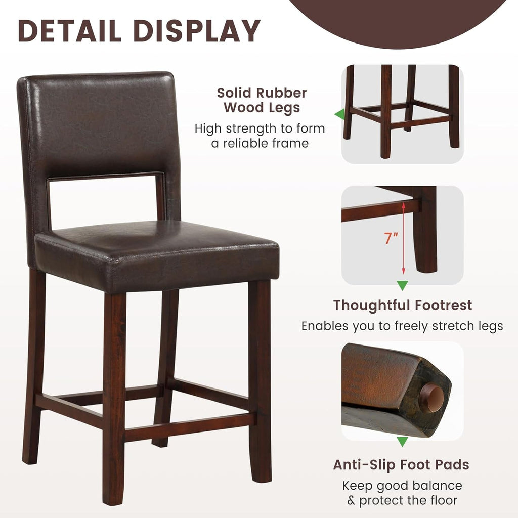 24.5" Counter Height Bar Stools Set of 2, PVC Leather Barstools with Peach Maple