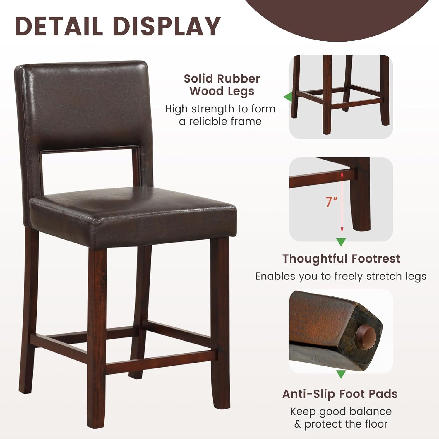 24.5" Counter Height Bar Stools Set of 2, PVC Leather Barstools with Peach Maple