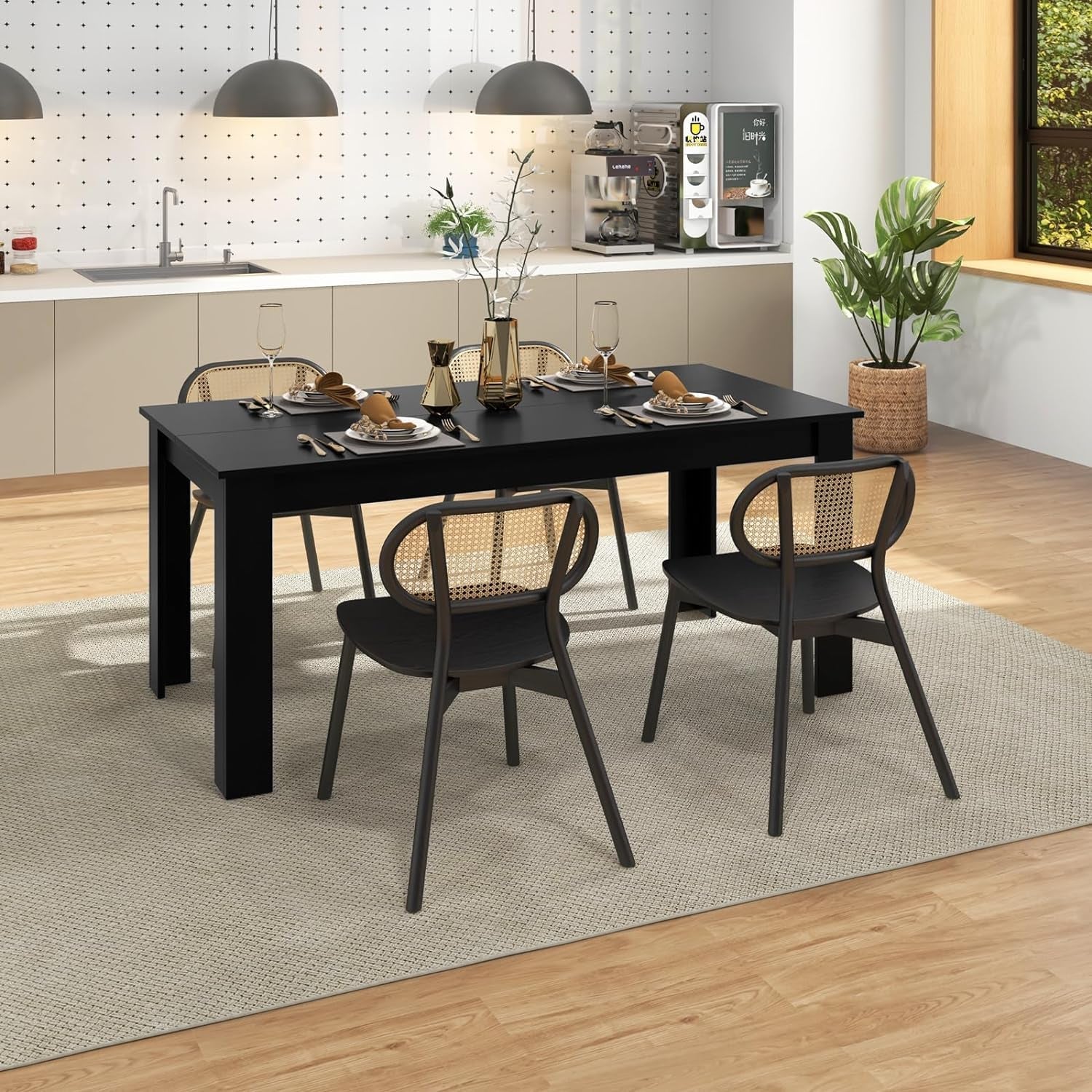 Wood Dining Table for 4-6 People, 63" Wood Rectangle Dinner Table, Peach Maple