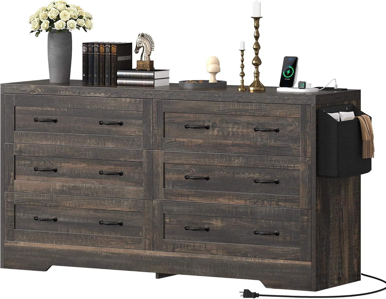 Rustic Oak Drawers TV Stand for 65 Inches with Power Outlets -Chest of Peach Maple