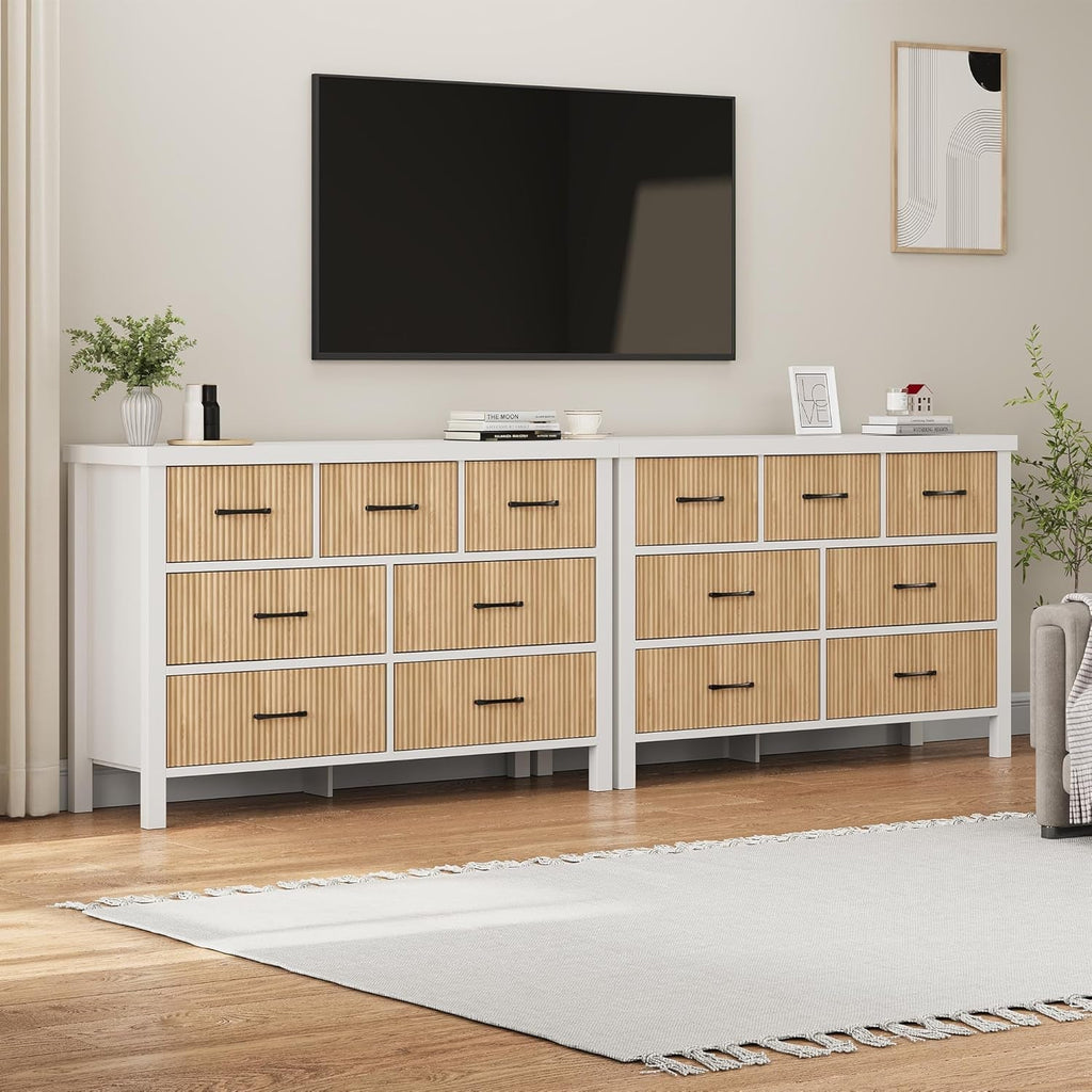 White 7 Drawer Fluted Dresser with Wood Legs Peach Maple
