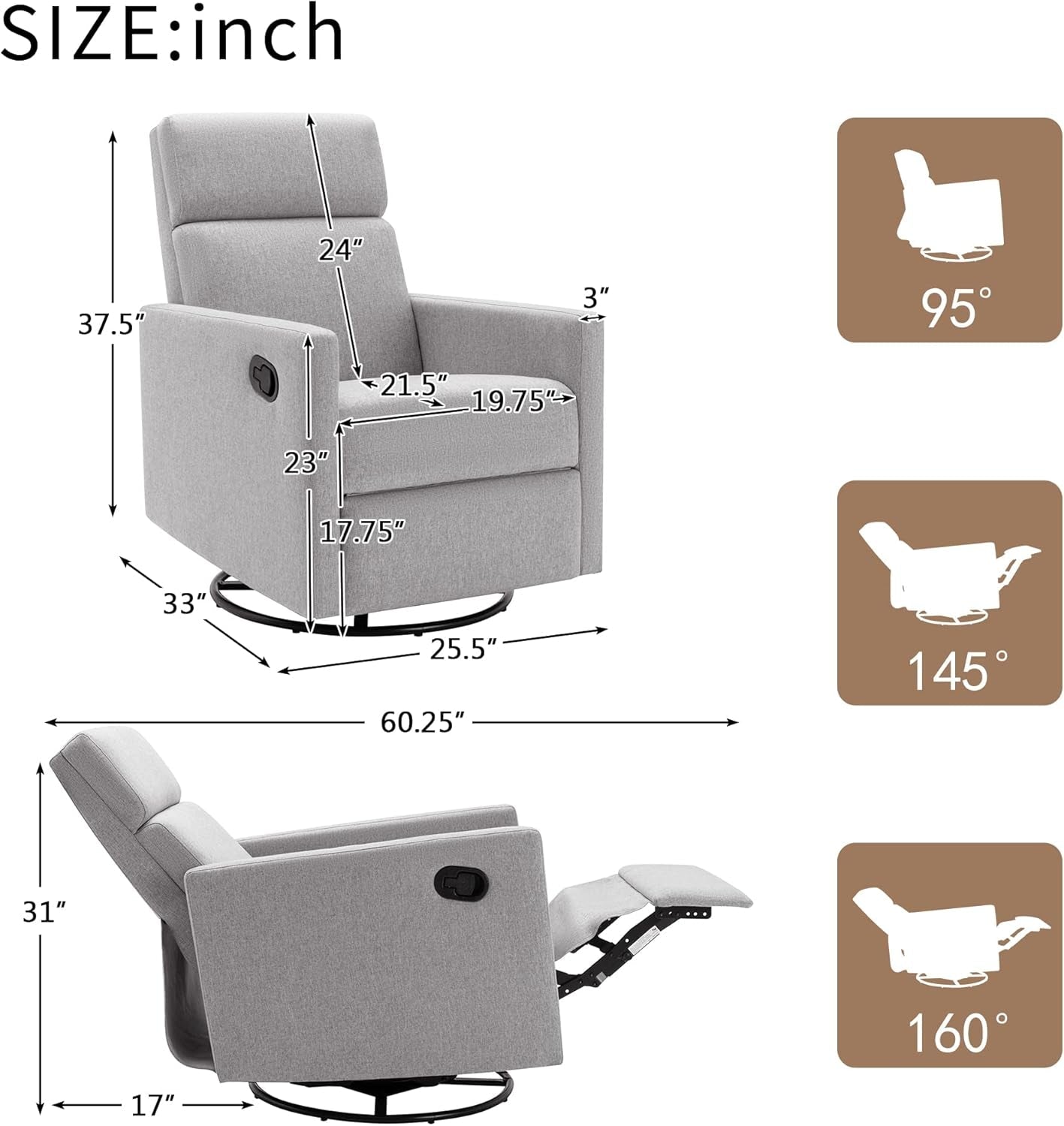 Modern Upholstered Manual Swivel Recliner Chair W/Headsupport Peach Maple