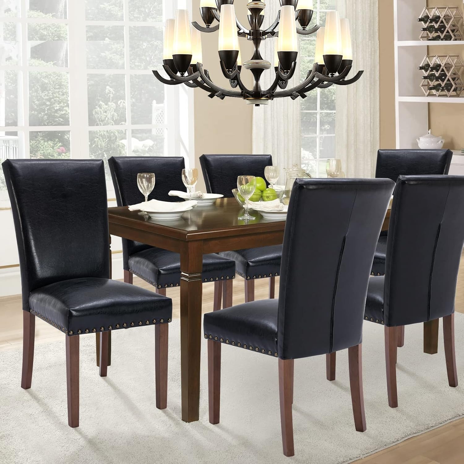 Parsons Dining Chairs Set of 4, Upholstered Nailhead PU Leather Dining Peach Maple