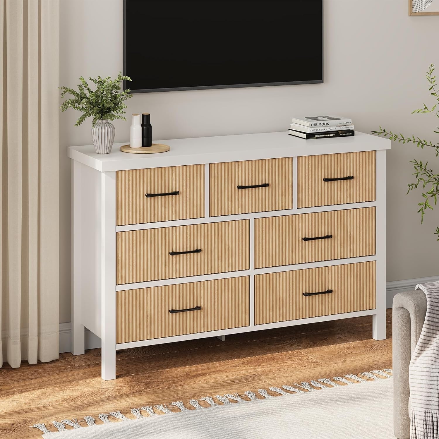 White 7 Drawer Fluted Dresser with Wood Legs Peach Maple