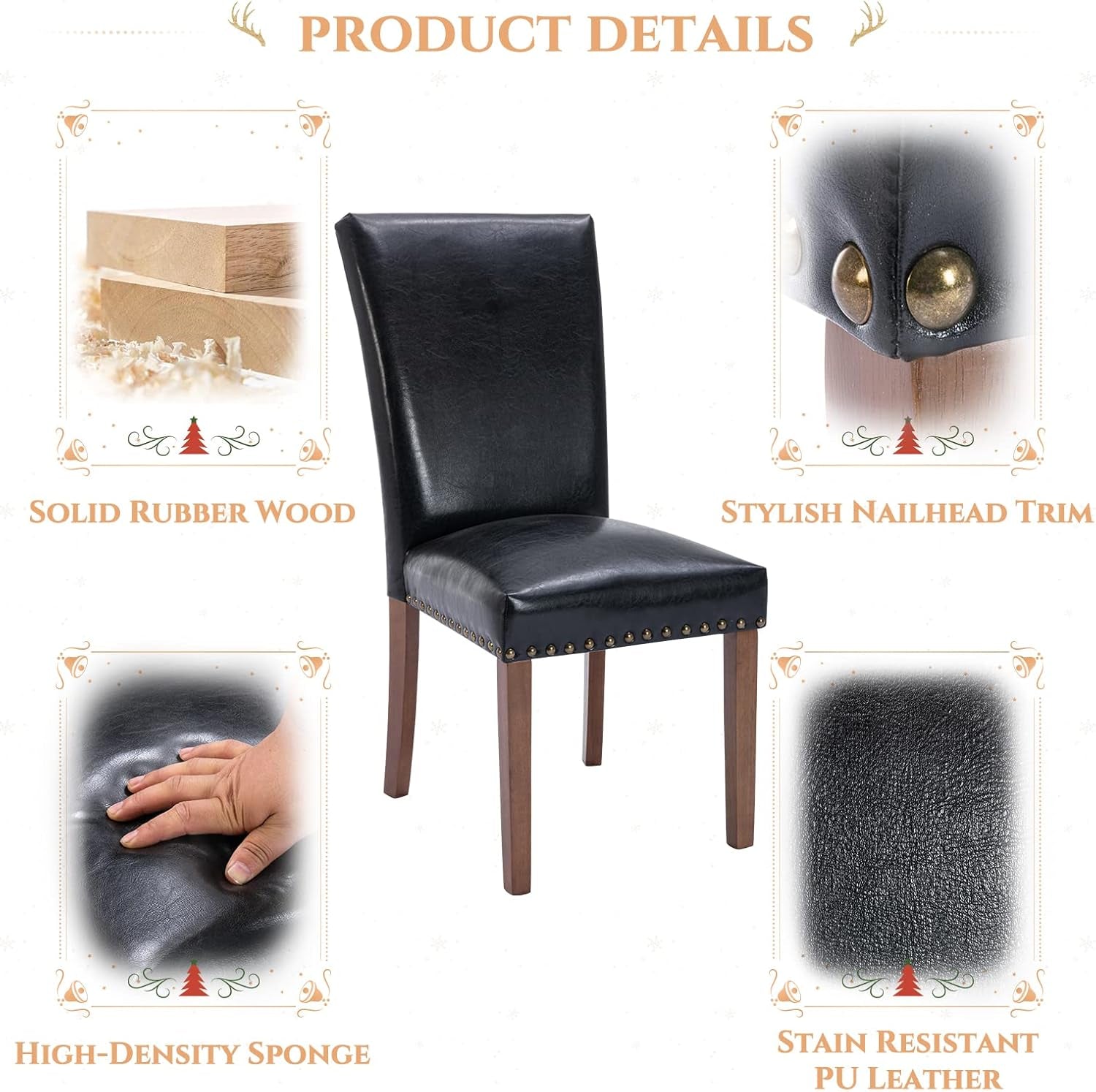 Parsons Dining Chairs Set of 4, Upholstered Nailhead PU Leather Dining Peach Maple