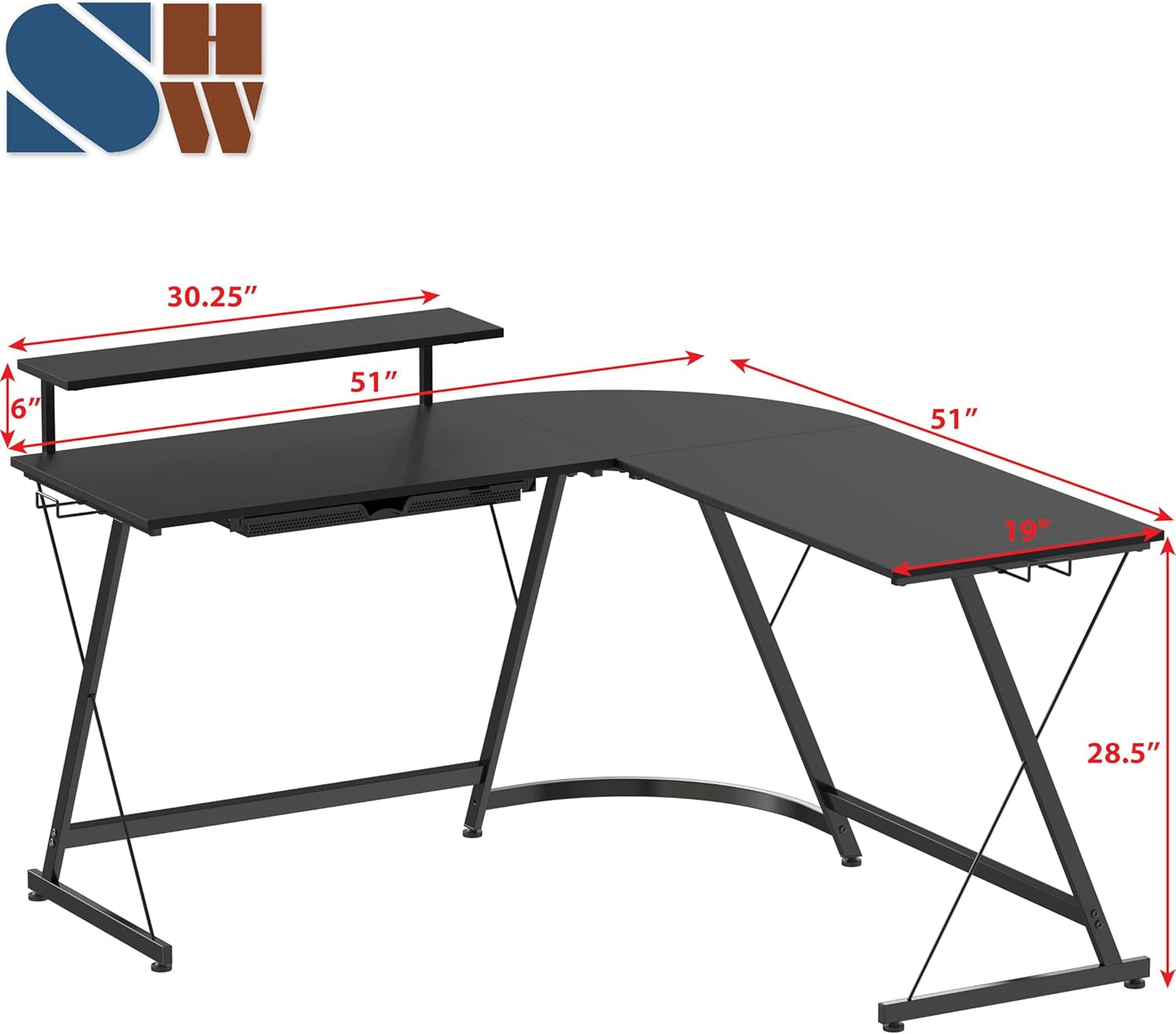 Vista L-Shape Desk with Monitor Stand, Black Peach Maple