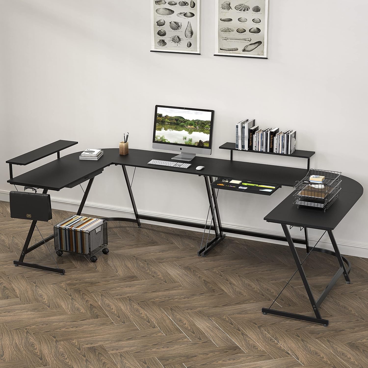 Vista L-Shape Desk with Monitor Stand, Black Peach Maple