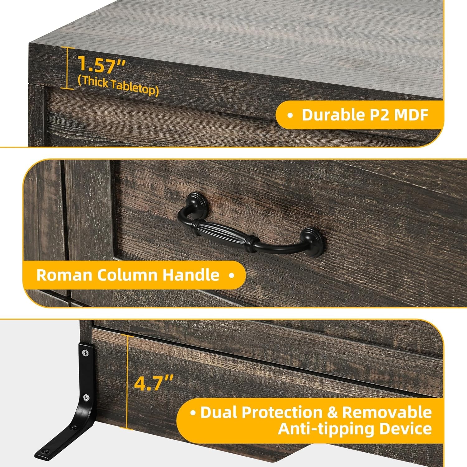Rustic Oak Drawers TV Stand for 65 Inches with Power Outlets -Chest of Peach Maple