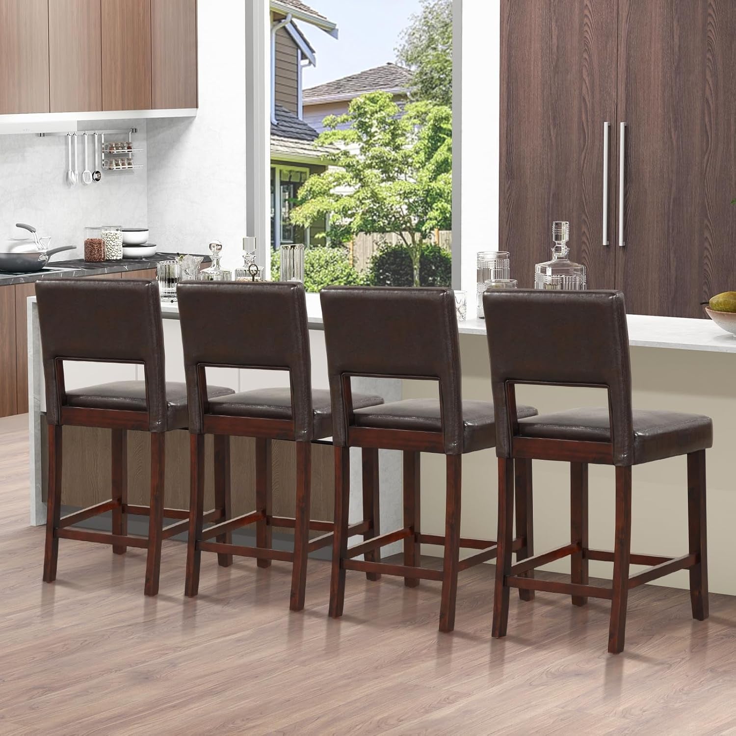 24.5" Counter Height Bar Stools Set of 2, PVC Leather Barstools with Peach Maple