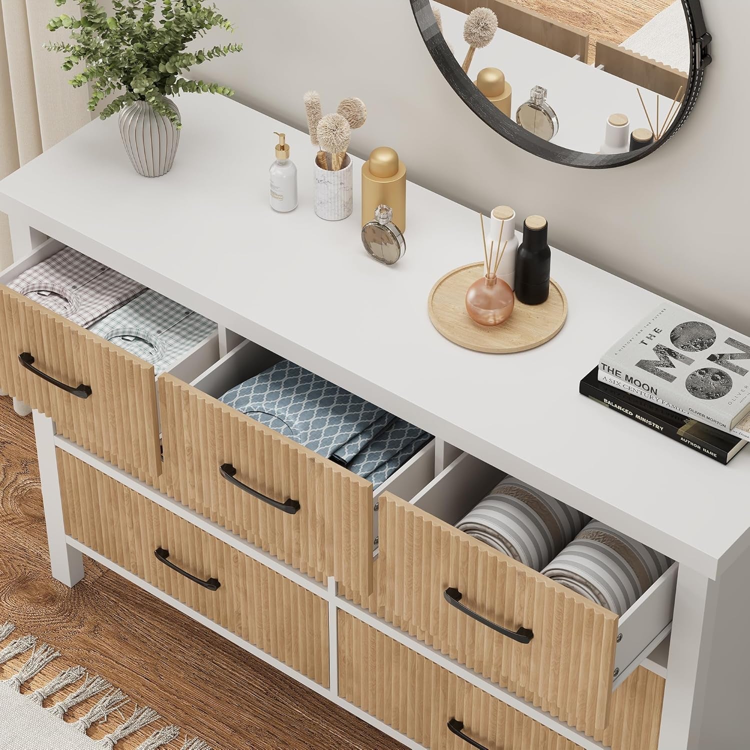 White 7 Drawer Fluted Dresser with Wood Legs Peach Maple