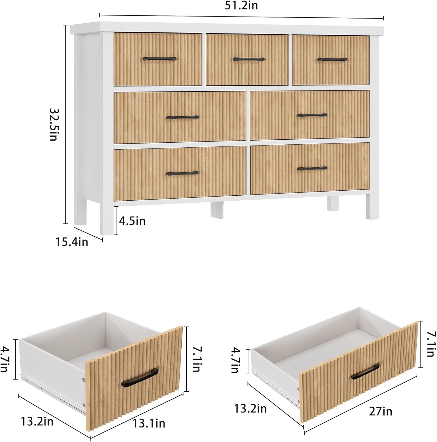 White 7 Drawer Fluted Dresser with Wood Legs Peach Maple