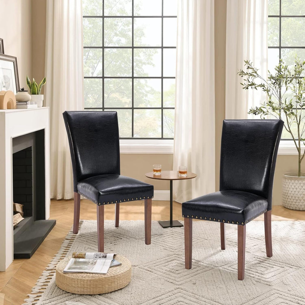 Parsons Dining Chairs Set of 4, Upholstered Nailhead PU Leather Dining Peach Maple