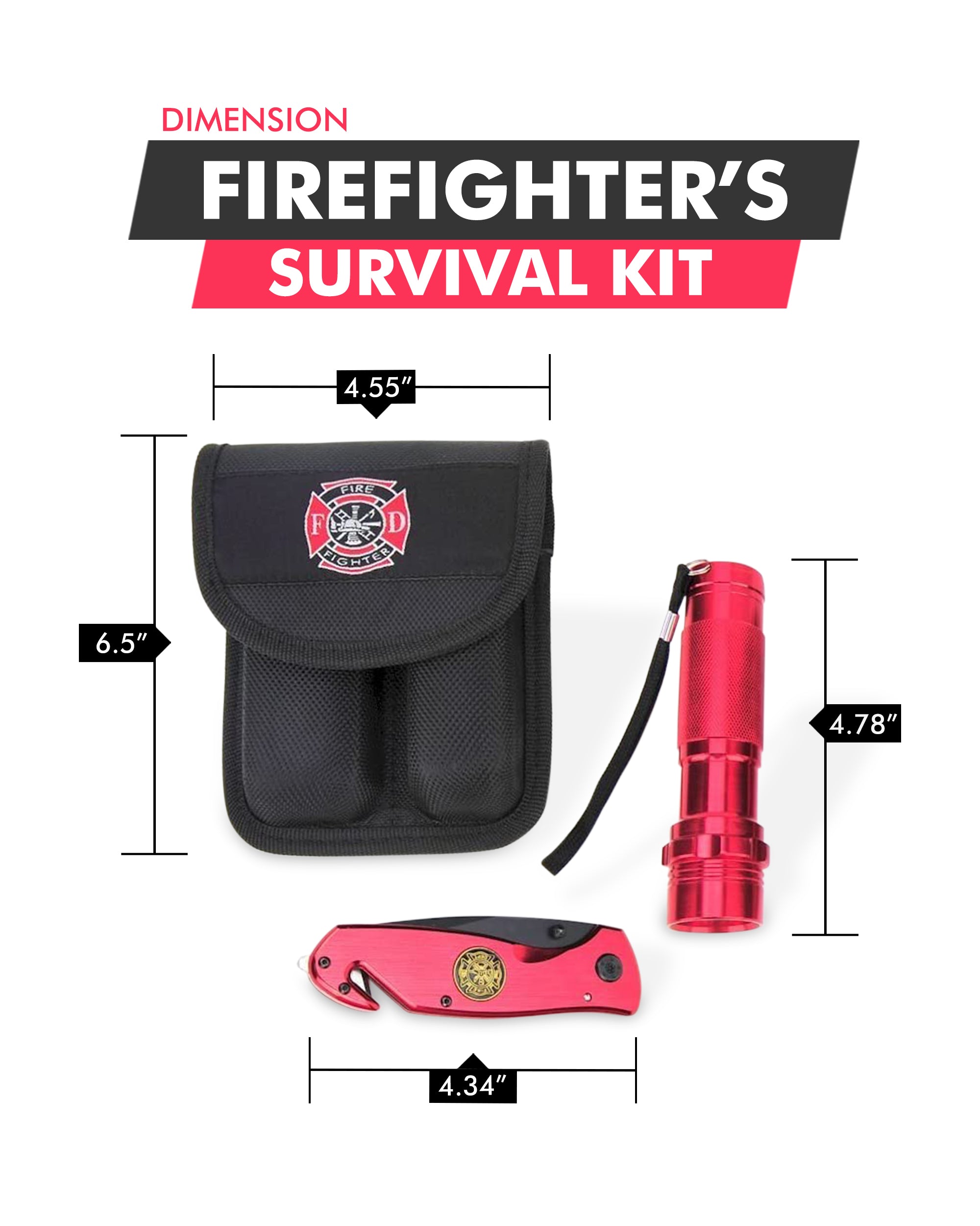 Survival Knife and Flashlight Set - Red Finish - Firefighter - LED Lime Sycamore