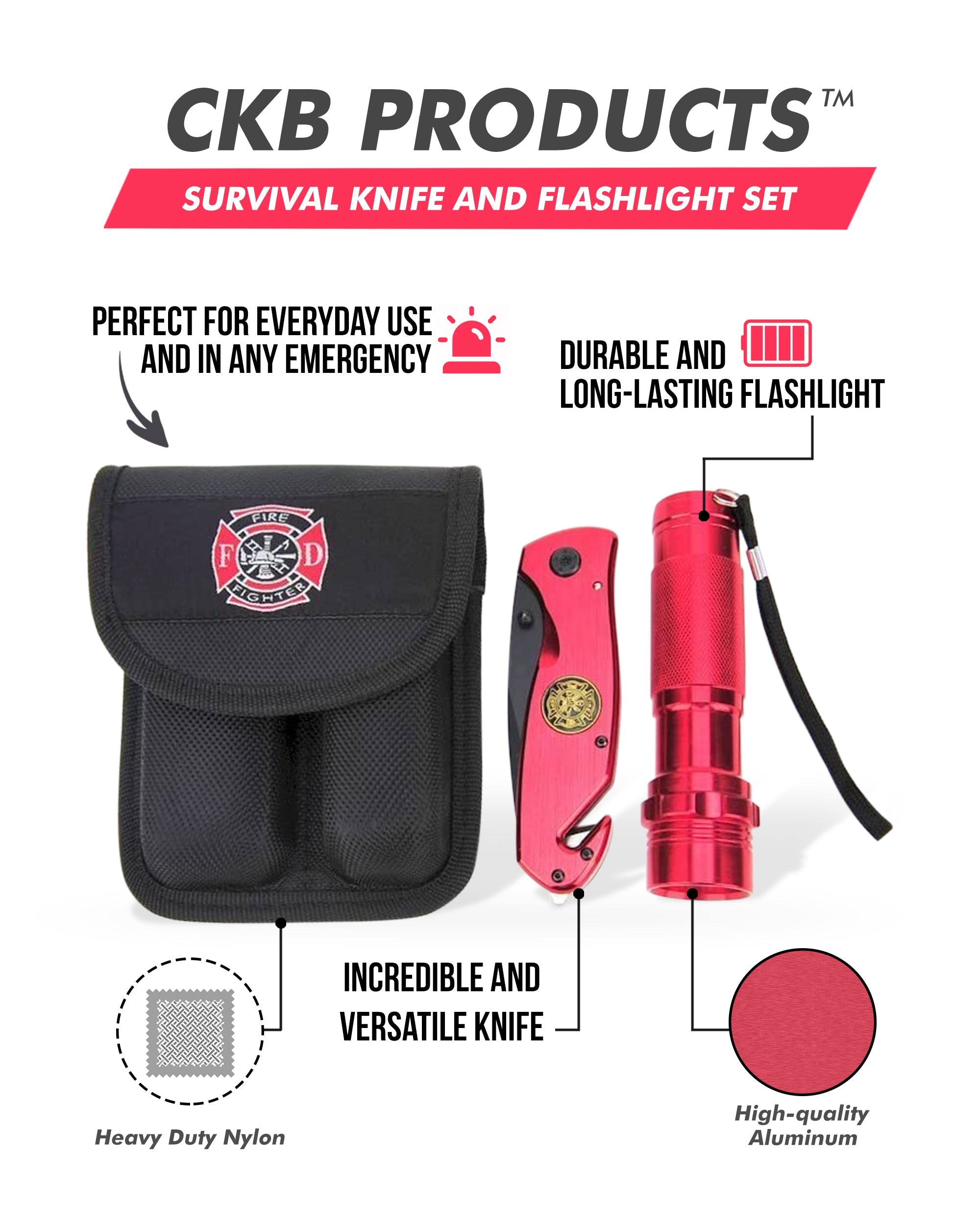 Survival Knife and Flashlight Set - Red Finish - Firefighter - LED Lime Sycamore