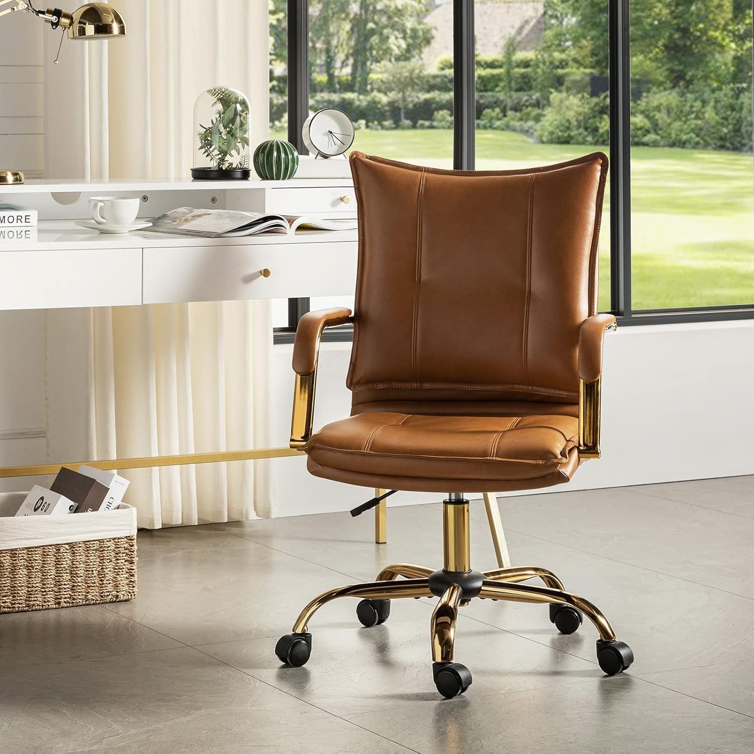 Faux Leather Home Office Desk Chair, Adjustable Swivel Computer Chair Peach Maple