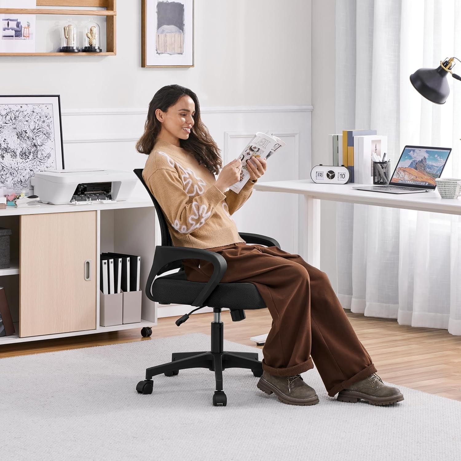 Office Chair Ergonomic Computer Chair Mid Back Adjustable Desk Chair Peach Maple